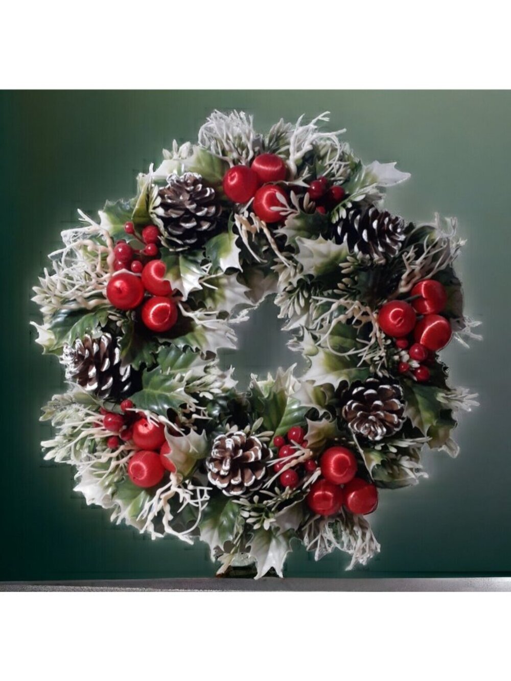 VTG 1960s Christmas Plastic Wreath w/ Satin Wrapped Berries and Pinecones 11”